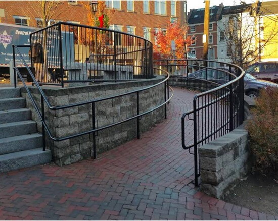 Curved ramp from Hanover Garage to the Gaslight patio. Photo by Anne Weidman