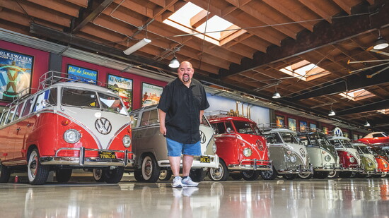 Iglesias' pristine collection of Volkswagon buses line the floor of the Gabriel Iglesias VW Fluffy Museum.