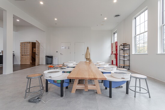 The wheels await new pottery creations at Two Hands Pottery Studio.