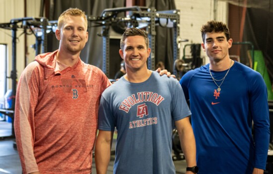 Evolution Athletics owner and head performance coach Tyler Naylor (center) with Boston Red Sox pitcher Ryan Zeferjahn and NY Mets pitcher Zach Thornton 