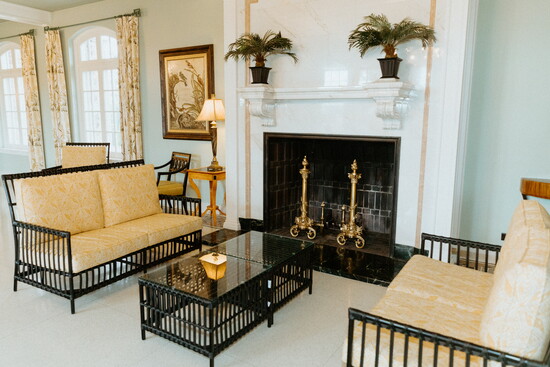 Solarium's marble fireplace
