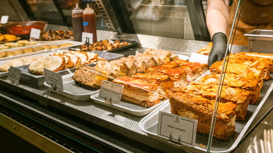 various dinner offerings display at Buckley's Market and Cafe