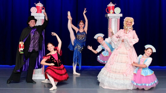 Left to right are "Nutcracker" dancers Ciara Parker (Drosselmeyer), Gloria Dotson (Spanish), Violet Lanier (Arabian), Cecilia Cook (Clown), Anna Davis (Mother G