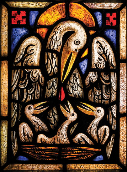 Pelican window, north choir stairwell door