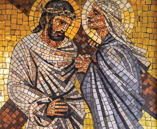 Jesus encounters Mary on the Via Dolorosa, 4th Station of the Cross, tile mosaic