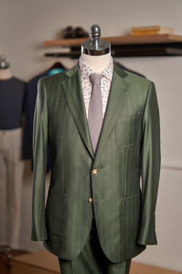 York Rhapsody Tortoise Green Herringbone Suit: $2,199  Irving Grizzly Walk Shirt: $149 