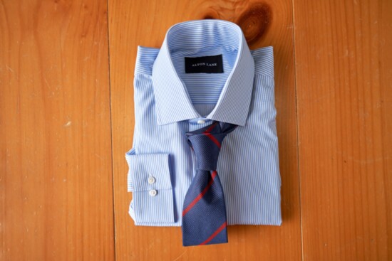 Irving Classic Sky-Blue Awning Stripe Shirt: $149 