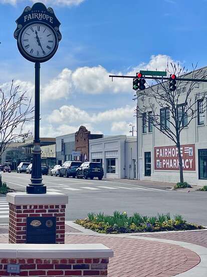 A view of the landmark Fairhope Pharmacy from Clock Corner. 