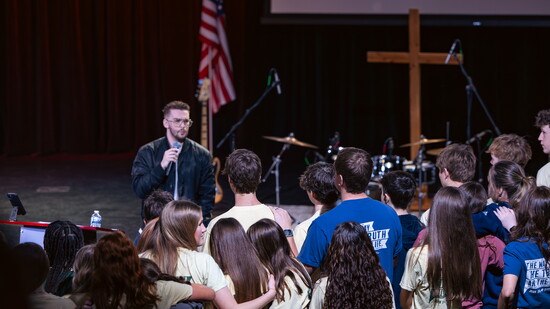 Upper school students gather to hear Christian social media influencer Jonah Wiley during LOVE Week 2025.