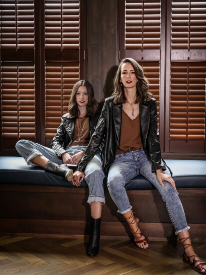 Alysa Rene: leather jacket, black. Sleeveless crew neck blouse, coco. Wide leg distressed denim. Leather blazer, black. Linen tank, coco. Skinny Jean denim.