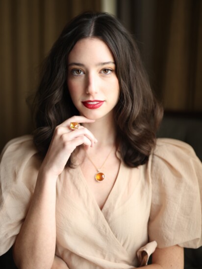 Clairvaux: Carolina wrap top, nude Jewelry: VanBrock  Rose Gold and Citrine Ring and Pendant