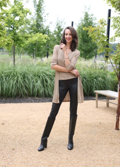 Alysa Rene: Ribbed sweater set, gold, leather pant, black. Jewelry: VanBrock  