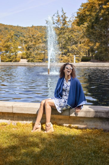 Carly Dress Navy/Blue, Skyler Cashmere Wrap, Middleton Ankle Strap Cork Wedge, Lincoln Polarized Sunglasses