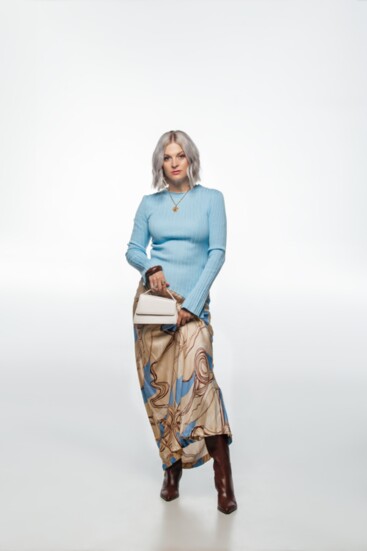 Sweater, skirt, boots and handbag from Birch