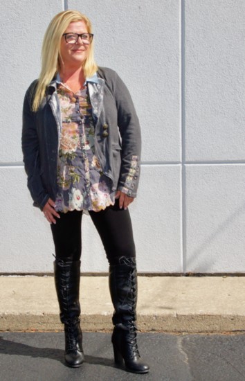 Heather: Blue/grey velvet jacket and cotton floral blouse by Aratta; black leggings by MRena; black lace boots by Bed Stu
