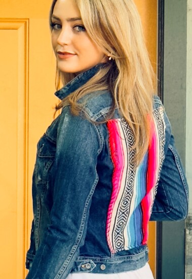 Bright color accented vintage jeans jacket:  @marigoldboutique_ca