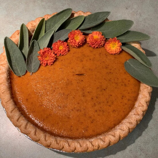 Top off a pumpkin pie with sage leaves.
