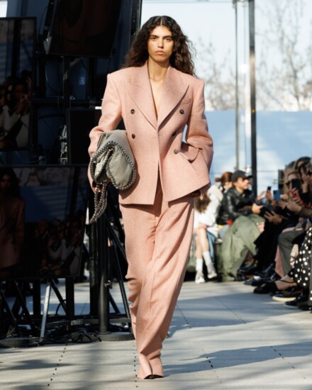 Pretty power suiting: immaculately constructed Sculpted Double-Breasted Blazer and Trouser in Dusty Pink on Stella McCartney’s Fall 2024 Runway. Stellamccartney