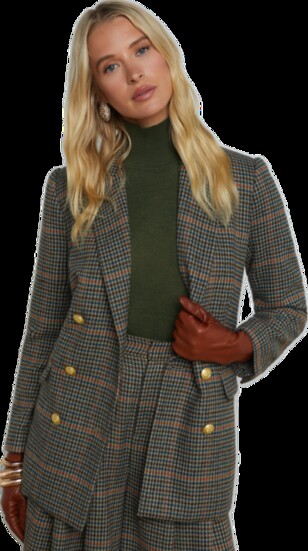 Strong shoulders, double-breasted and oversized Aimee Boyfriend Blazer by L’Agence in lush tan, teal and red plaid. Guys N Gals, West Bloomfield; shopguysngals.