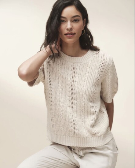 Splendid’s Lizzie Short Sleeve Sweater is boxy with beautiful details. Splendid.com.