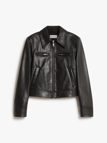 A classic calfskin Leather Jacket with a clean design has feminine proportions and men’s-style turn-back cuffs. Sportmax at MaxMara, Troy; us.sportmax.com.