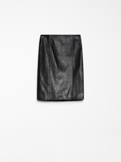 Sportmax’s calfskin Leather Skirt falls from a low waist in a clean, straight line. Sportmax at MaxMara, Troy; us.sportmax.com.