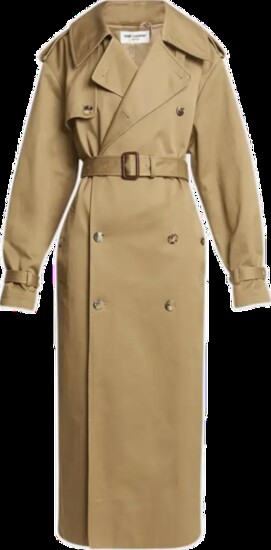 Saint Laurent’s double-breasted Belted Long Trench Coat features a two-way ulster collar, made with certified cotton, and buttoned epaulets. Area Neiman Marcus 