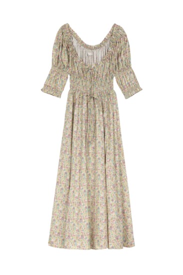 Doen’s super-feminine Ischia Dress in Chrysanthemum Sky Floral — with smocked bodice and ankle-grazing skirt — is inspired by a 1930s Liberty Fabrics print impr