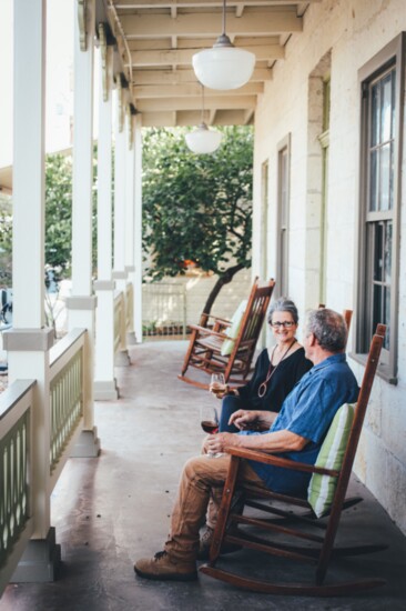 Cara Hines and Ernest Slatinsky on Hotel Giles Front Porch