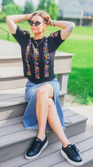 Realia Bracelets, Denim Skirt from Mainstream Boutique. Cat Eye Sunglasses, Black Sweater from The Stash.