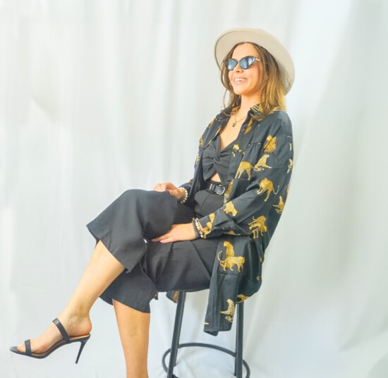 Date Night Look. Tan Hat, Cat Eye Glasses, Jaguar Kimono, Black Painsuit, Heels from The Stash. Realia Bracelets & Chanel Necklace from Mainstream Boutique.