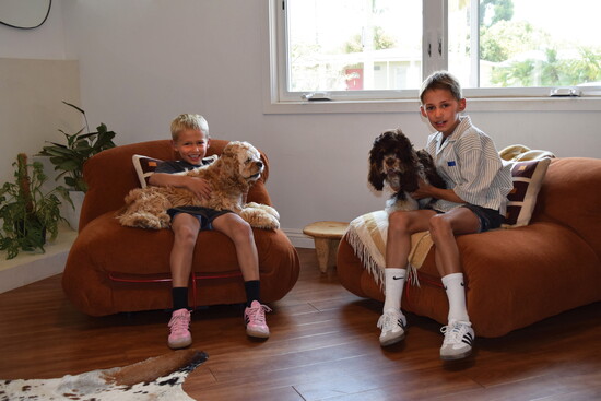 Mason, 9, and Cole, 6, with Penny and Betty.