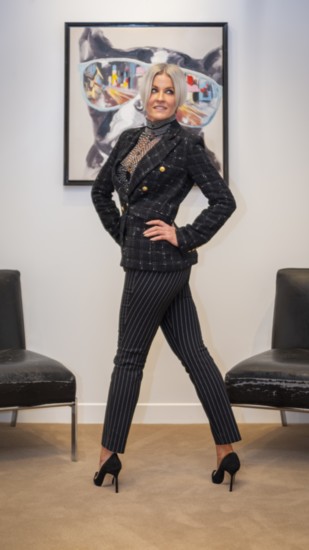 Rag & Bone Simon Pinstripe Pant, $325; Rag & Bone Libby Top, $395; Generation Love Alexa Blazer, $345; Manolo Blahnik Sue 105 Suede Heel, $875.