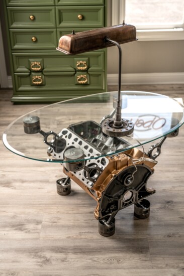A Lamborghini engine block transformed into a coffee table