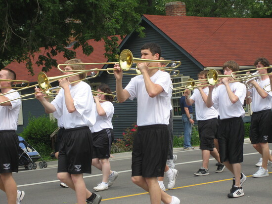 Danny with the trombone section of the Lakota East Marching Thunderhawks at an Independence Day parade in Liberty Township. 