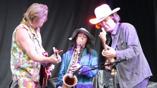Blake and Rick of Yarn jamming with Sam on Sax