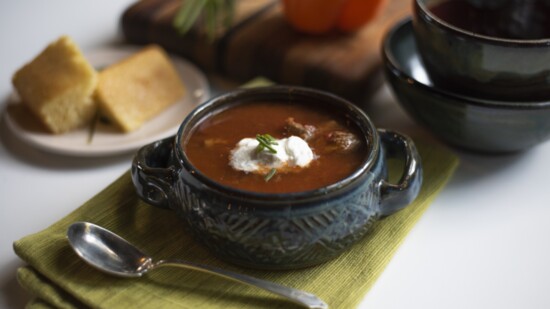 Blue chili bowl made by Heloise Besse. 