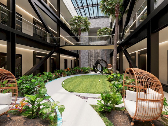 A signature feature of the project will be its dramatic glass-roofed atrium, thoughtfully landscaped with live tropical plants as a stunning centerpiece.