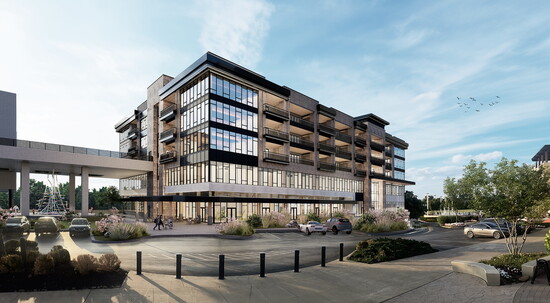 Rendering of future Atrium at Fountains exterior. Prospective condominium buyers can tour possibilities in the current Atrium showroom.