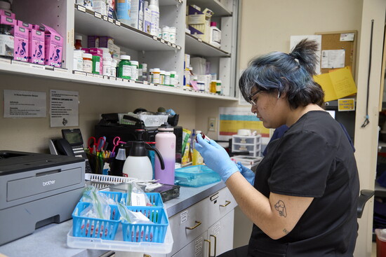 A vet tech working in the donated hospital in the CAT building 