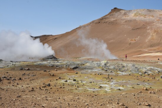 Called “The Devil’s Kitchen” because of the bubbling, boiling and strong sulphur smell, the geothermal area near Mt. Namafjail and Akureyi is a bleak orangish m