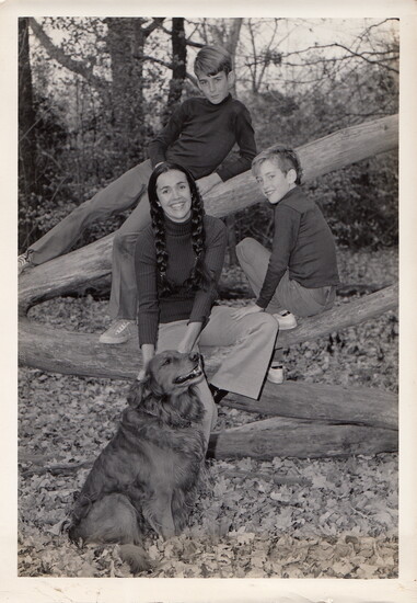 Lilias with her sons, Matt & Mike, and dog Luke in the Folan Family's N. Clippinger backyard, circa 1973. 