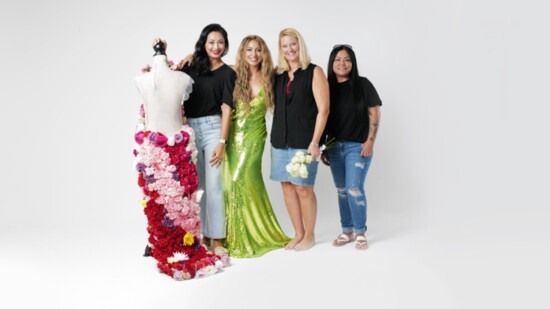 The design team behind this unique fresh flower dress are, from left, Maggie Sotomey, Carmen Ionascu, Shelli Chinlund and Sally Foster.