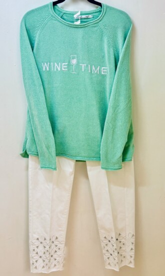 Lulu B Chenille Sweater in Lime Green paired with Embellished White Jeans. 