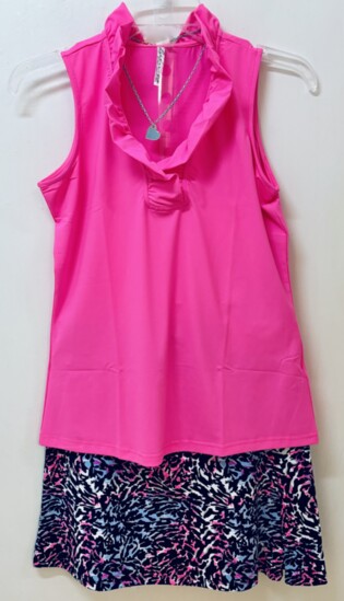 Lulu B Sleeveless Hot Pink Ruffle Neck Top Paired with Animal Print Skort.