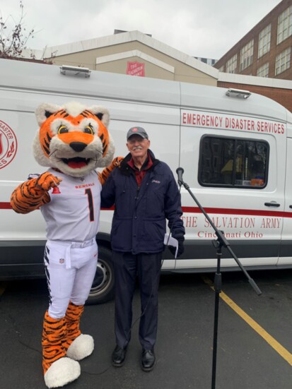 Who Dey, the Bengals mascot + the late Jim Scott, beloved radio personality volunteer with Salvation Army. 