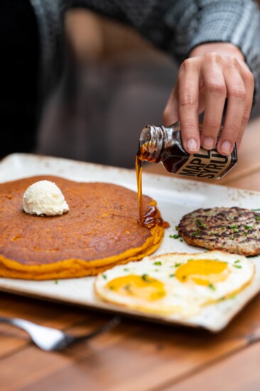 The ever-popular fall favorite at First Watch is the pumpkin pancake platter