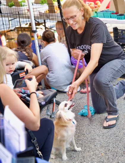 Volunteer Sue Swanson at a Farmer's Market pet adoption event.