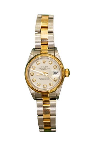 ROLEX LADY DATEJUST TIMEPIECE 26mm white diamond dial with yellow gold and stainless steel oyster bracelet. $6,500