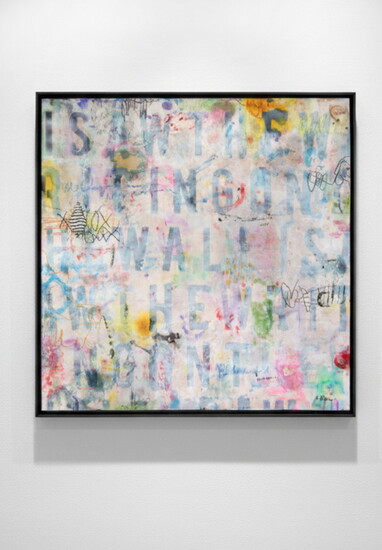 “I Saw the Writing on the Wall,” 48 x 48 inches, encaustic on wood by Karen Ross. (Photo courtesy of the artist)